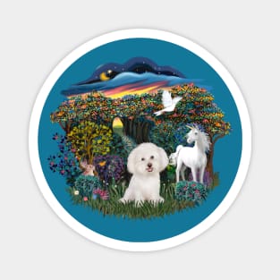 Bichon Frise and Unicorn in a Magical Forest Magnet